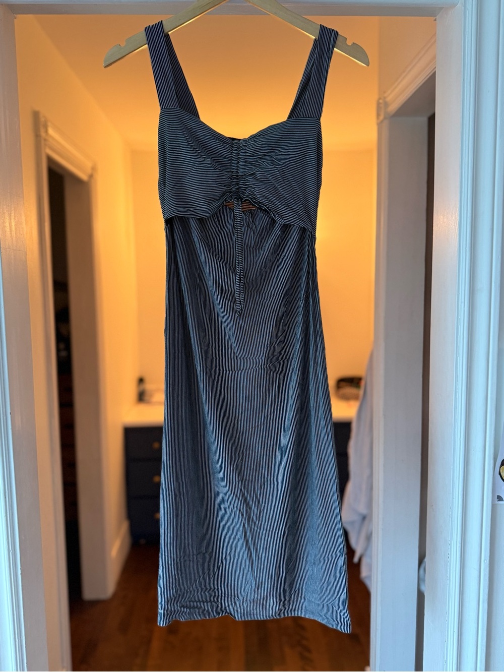 Maternity and nursing Square Neck Tank Midi Dress - black and white stripe. - Picture 3 of 4